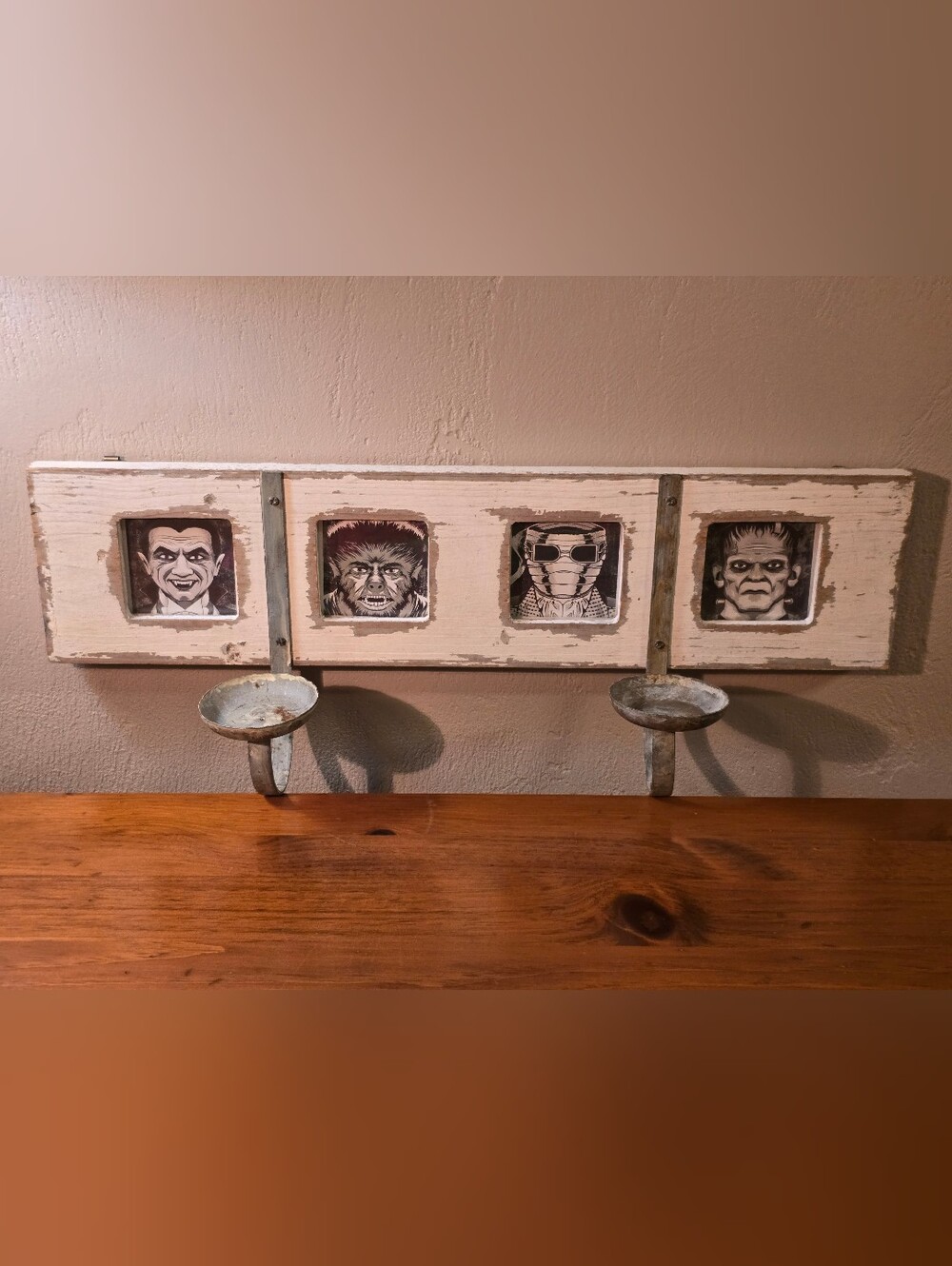 Rustic Wood Wall Plaque 4 Photo Openings Double Candle Sconces 20"
